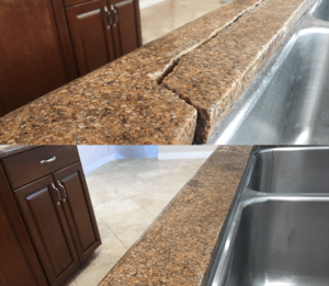 Granite counter crack repair near sink, completed by Sureshine for seamless results