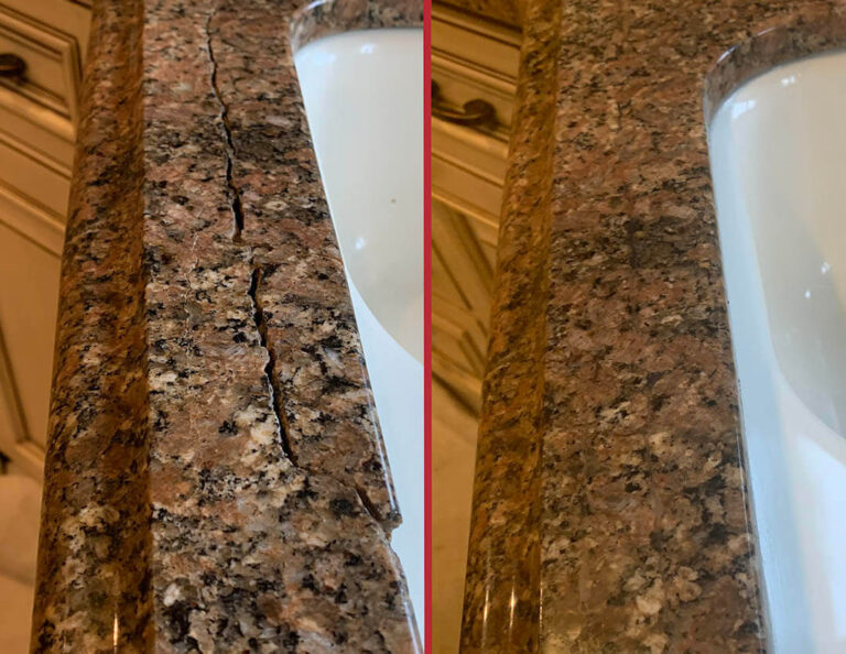 Granite crack repair in front of a sink, expertly restored by Sureshine