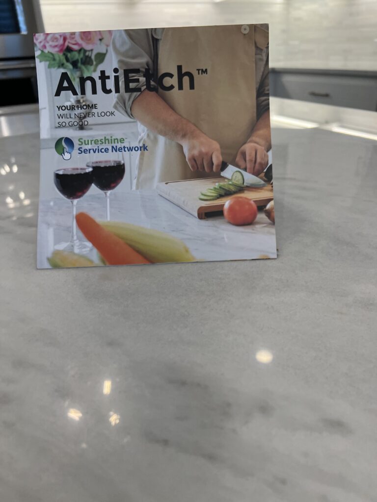 Marble kitchen island in Prosper TX protected with MORE AntiEtch for busy family kitchen use