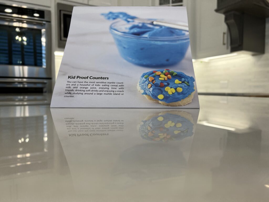 Marble kitchen countertop protected with MORE® AntiEtch® to help prevent etching from daily spills while maintaining a natural stone appearance.