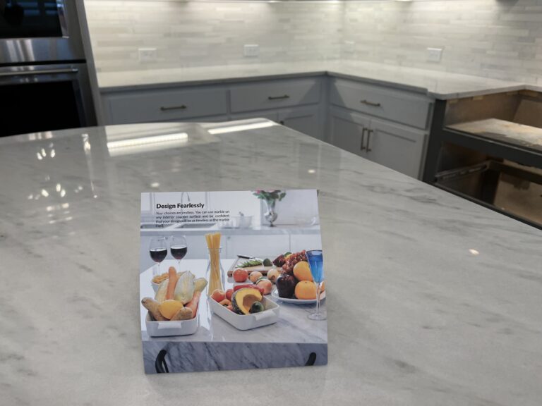 comparison of marble countertop with and without AntiEtch protection Plano TX showing resistance to etching from acidic spills