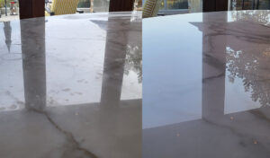 Before-and-after photo of marble restoration and polishing in Huntington Beach, CA, showing an etched, damaged surface on the left and a perfectly polished shine on the right.