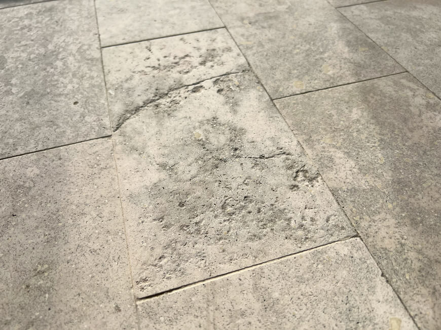 Crack in a marble floor tile, illustrating a common issue that can be professionally repaired and restored to a flawless appearance.