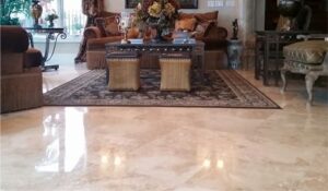 Polished travertine floor with a high-gloss finish, restored by Sureshine