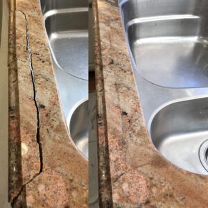 Side-by-side photo of a granite countertop crack repair, with the damaged surface on the left and the flawless repair on the right.