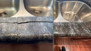 Granite crack repair in front of sink, restored to a seamless finish by Sureshine