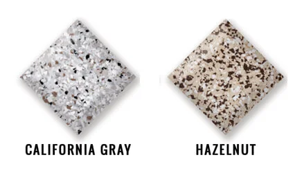 Epoxy garage floor showcasing the California Gray and Hazelnut color options, displayed side by side for comparison.