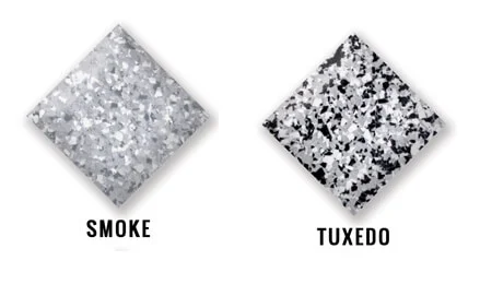 Epoxy garage floor showcasing the Smoke and Tuxedo color options, side by side for comparison.