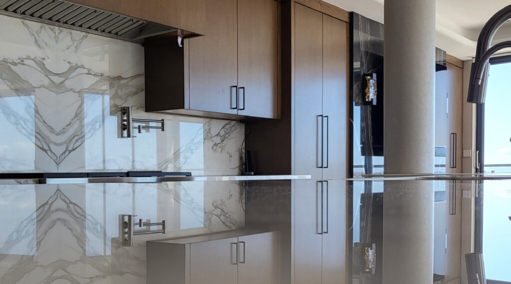 AntiEtch applied to marble kitchen countertops in Irvine home, showcasing a satin finish with no visible etching or staining.