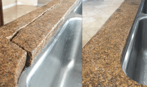 Granite crack repair in Highland Park, TX showing seamless restoration near sink area by Sureshine technician