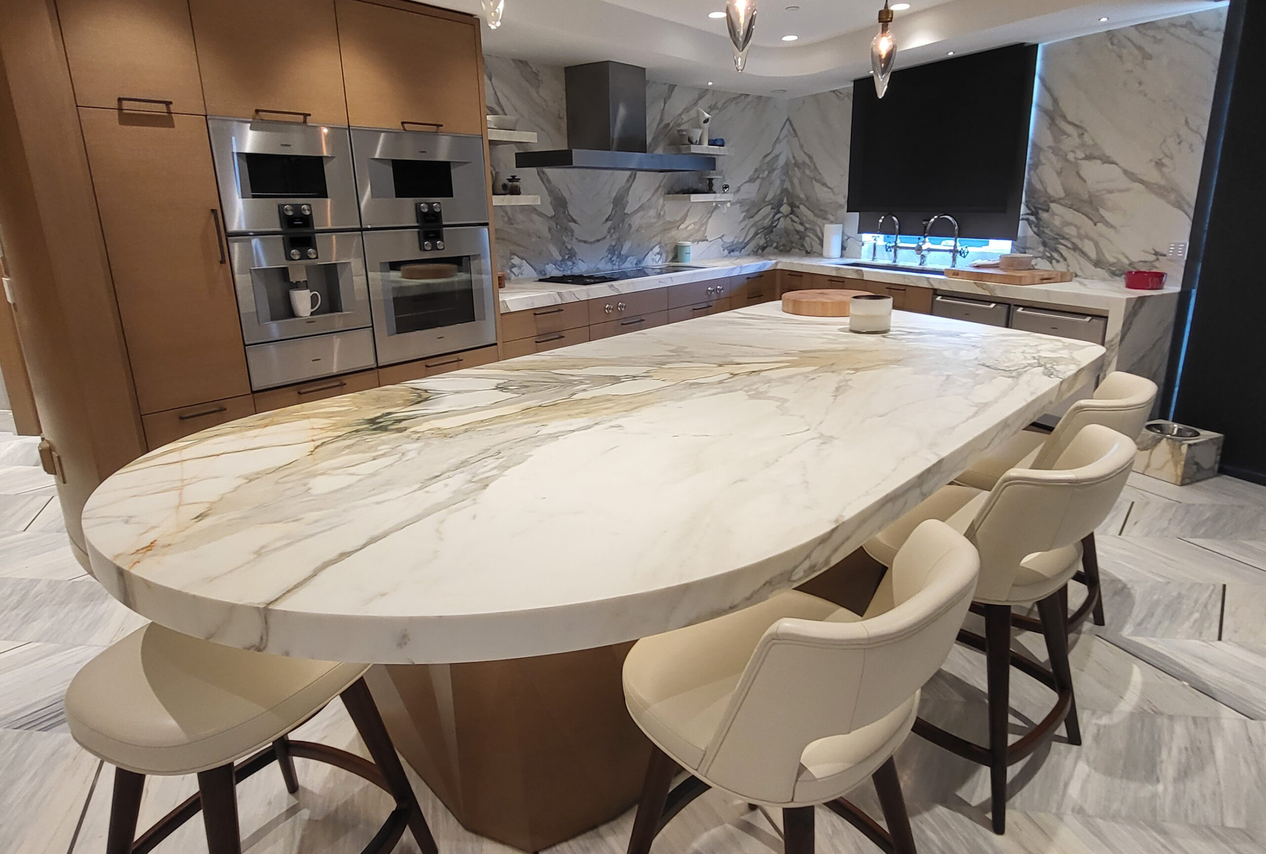 Santa Monica marble countertop refinished to a high-gloss shine by Sureshine Care and Restoration Services, Inc.