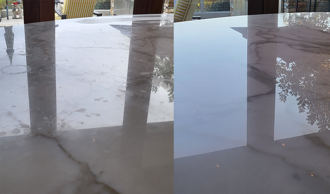 Before and after of etched marble countertop restored to its natural beauty and shine in Coto de Caza by Sureshine