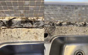 Before and after image of granite countertop crack near sink repaired by Sureshine in Dallas, TX