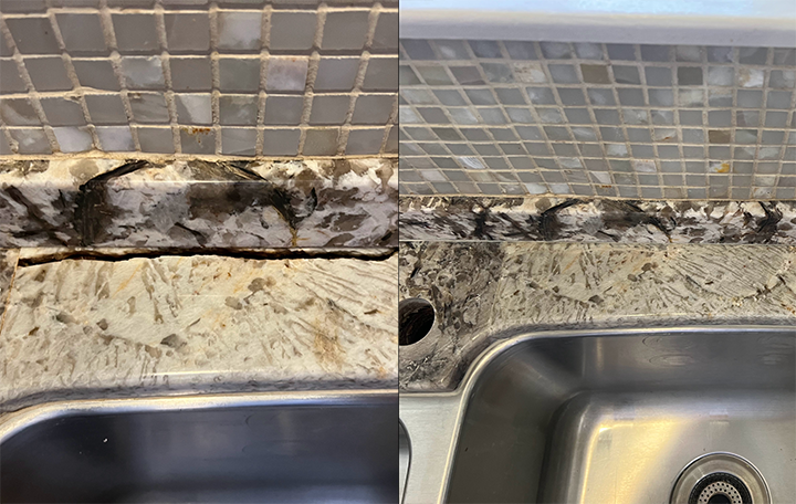 Before and after image of granite countertop crack near sink repaired by Sureshine in Dallas, TX