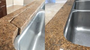 Close-up of a granite countertop crack caused by rusting steel rodding near the sink, professionally repaired to blend with the natural stone.