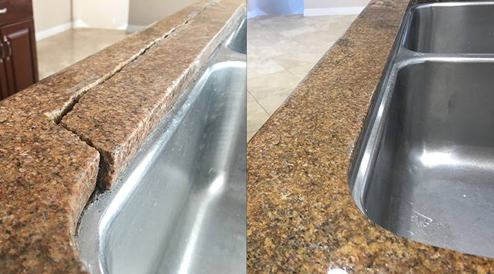 Close-up of a granite countertop crack caused by rusting steel rodding near the sink, professionally repaired to blend with the natural stone.