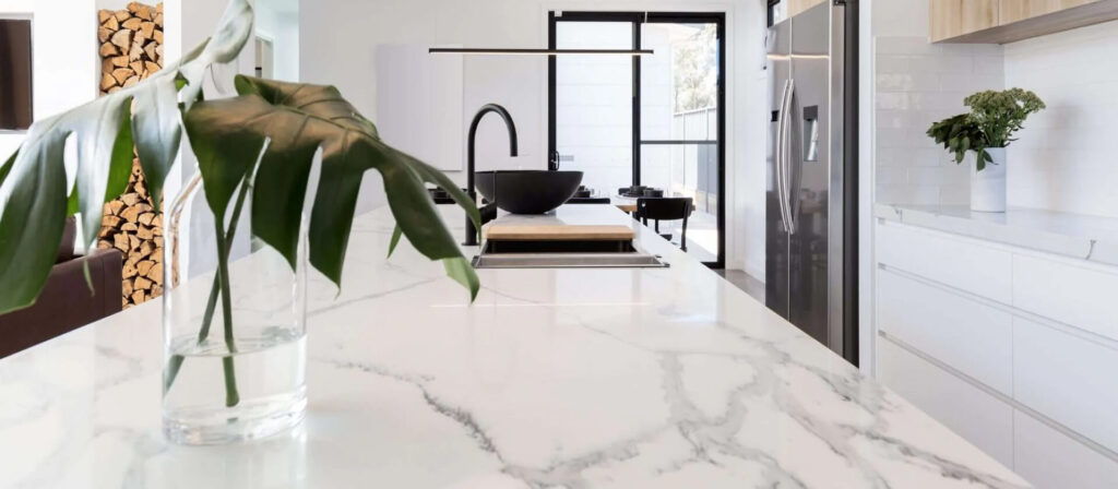 "UV-cured AntiEtch® marble counter protection applied in a Summerlin, NV kitchen, preserving the natural veining with a satin finish"