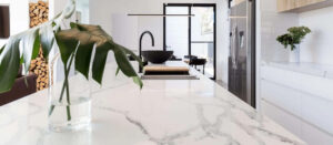 "UV-cured AntiEtch® marble counter protection applied in a Summerlin, NV kitchen, preserving the natural veining with a satin finish"