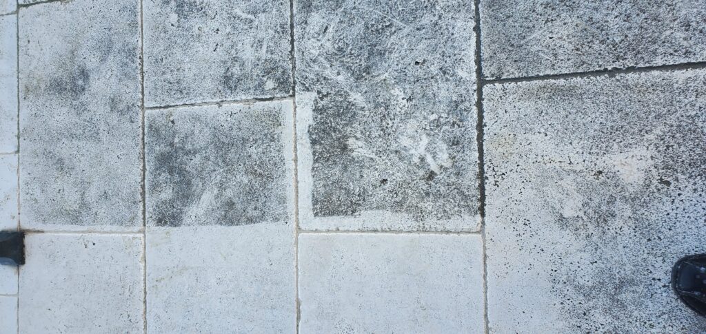 Sureshine technician deep cleaning a travertine floor in a Frisco, TX home using hot water extraction