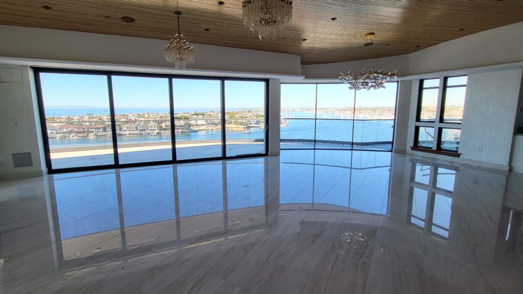 Transparent MORE® AntiEtch® coating applied to marble counter in a luxury Las Vegas kitchen, preventing etching and staining from acidic spills.