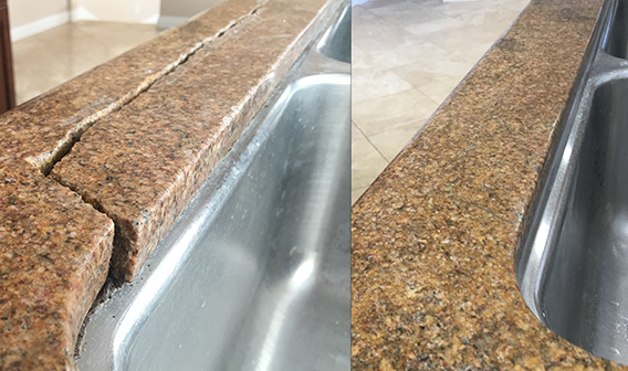 Technician repairing a granite sink rail crack on a kitchen countertop in Dallas, TX