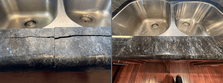 Granite crack repair near sink in a Manhattan Beach kitchen, showing restored stone with seamless finish after structural reinforcement.