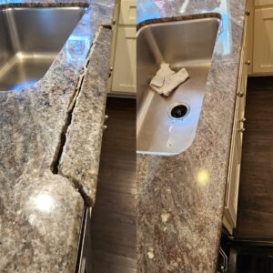 Granite countertop repaired by Sureshine Care and Restoration Services, Inc. in a Dallas–Fort Worth home, showing a smooth, crack-free finish after professional restoration.