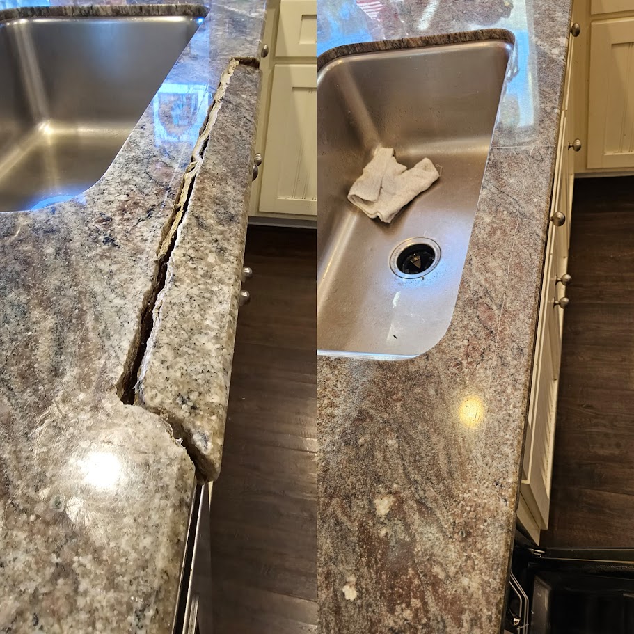 Granite countertop repaired by Sureshine Care and Restoration Services, Inc. in a Dallas–Fort Worth home, showing a smooth, crack-free finish after professional restoration.