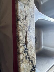 Granite crack repair in Southlake TX showing sink rail crack before and after professional repair by Sureshine