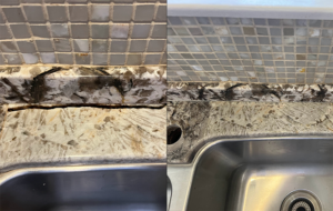 Granite crack repair in Southlake TX showing a countertop crack near the sink before and after professional repair by Sureshine