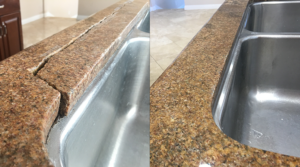Technician performing granite crack repair on a countertop by the sink, stabilizing the stone and blending the repair for a smooth, natural-looking finish.