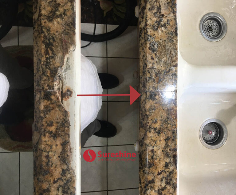granite crack repair near sink in McKinney TX before and after showing cost-effective countertop restoration
