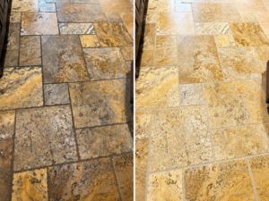 Travertine floor cleaning and sealing in Mission Viejo CA showing restored natural stone color and clean grout lines
