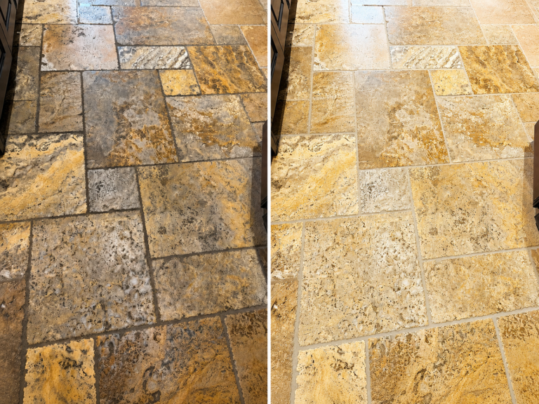 Travertine floor cleaning and sealing in Mission Viejo CA showing restored natural stone color and clean grout lines