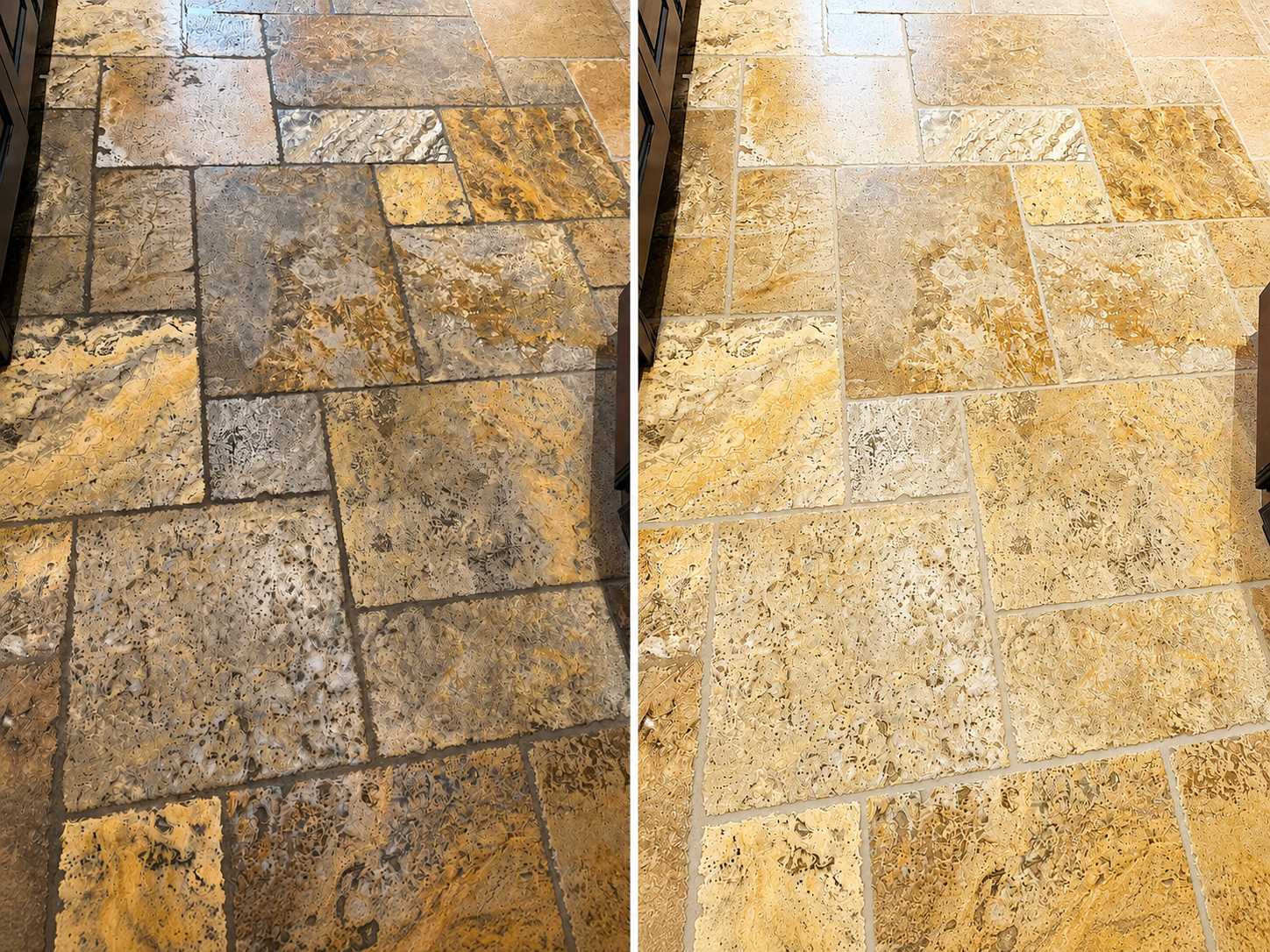 Travertine floor cleaning and sealing in Mission Viejo CA showing restored natural stone color and clean grout lines