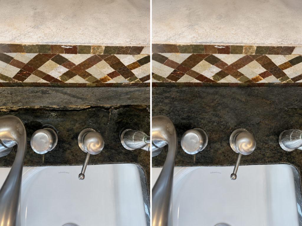 Granite crack repair in Pacific Palisades CA showing luxury countertop restored without replacement