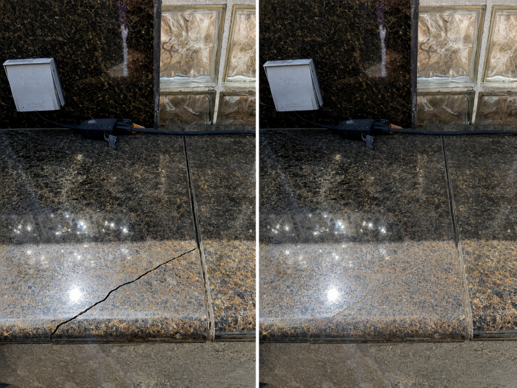 Granite crack repair in Westlake TX showing sink rail crack before and after professional restoration