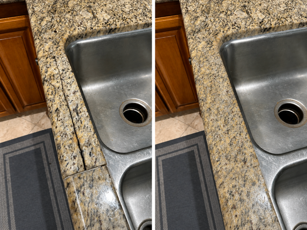 Granite countertop crack near sink in Highland Park TX before and after professional granite crack repair.