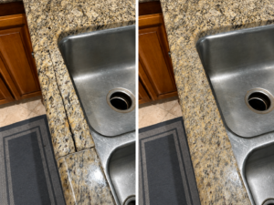 Granite countertop crack near sink in Highland Park TX before and after professional granite crack repair.