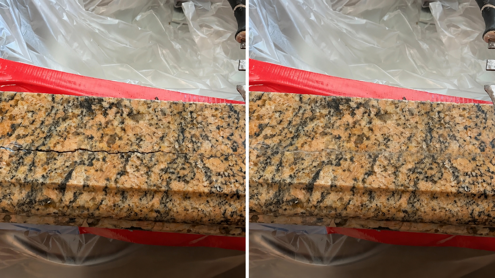 Granite countertop with a structural crack across the front sink rail before professional repair.