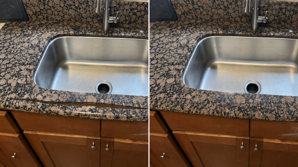 Separated granite countertop seam with uneven slab height before professional repair in Coppell Texas.