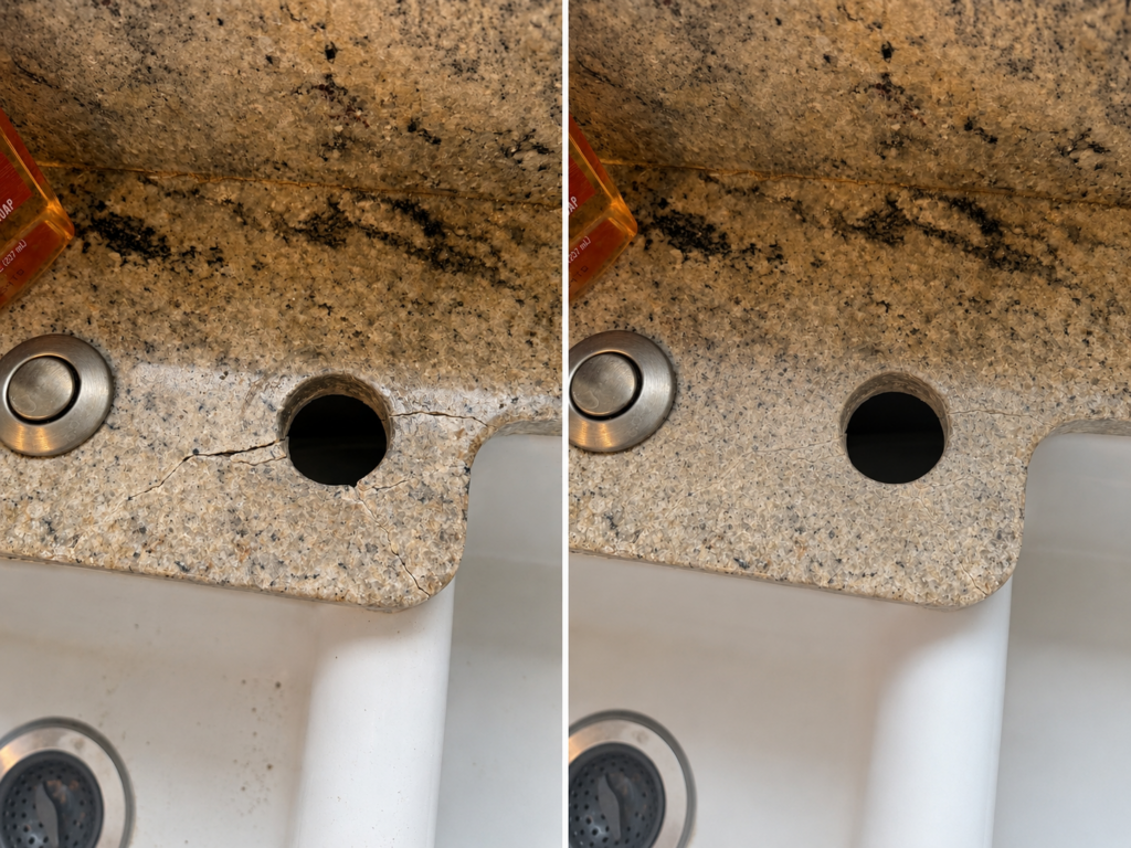 Structural crack in granite countertop behind a kitchen sink requiring professional granite crack repair in Plano Texas.