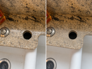 Structural crack in granite countertop behind a kitchen sink requiring professional granite crack repair in Plano Texas.